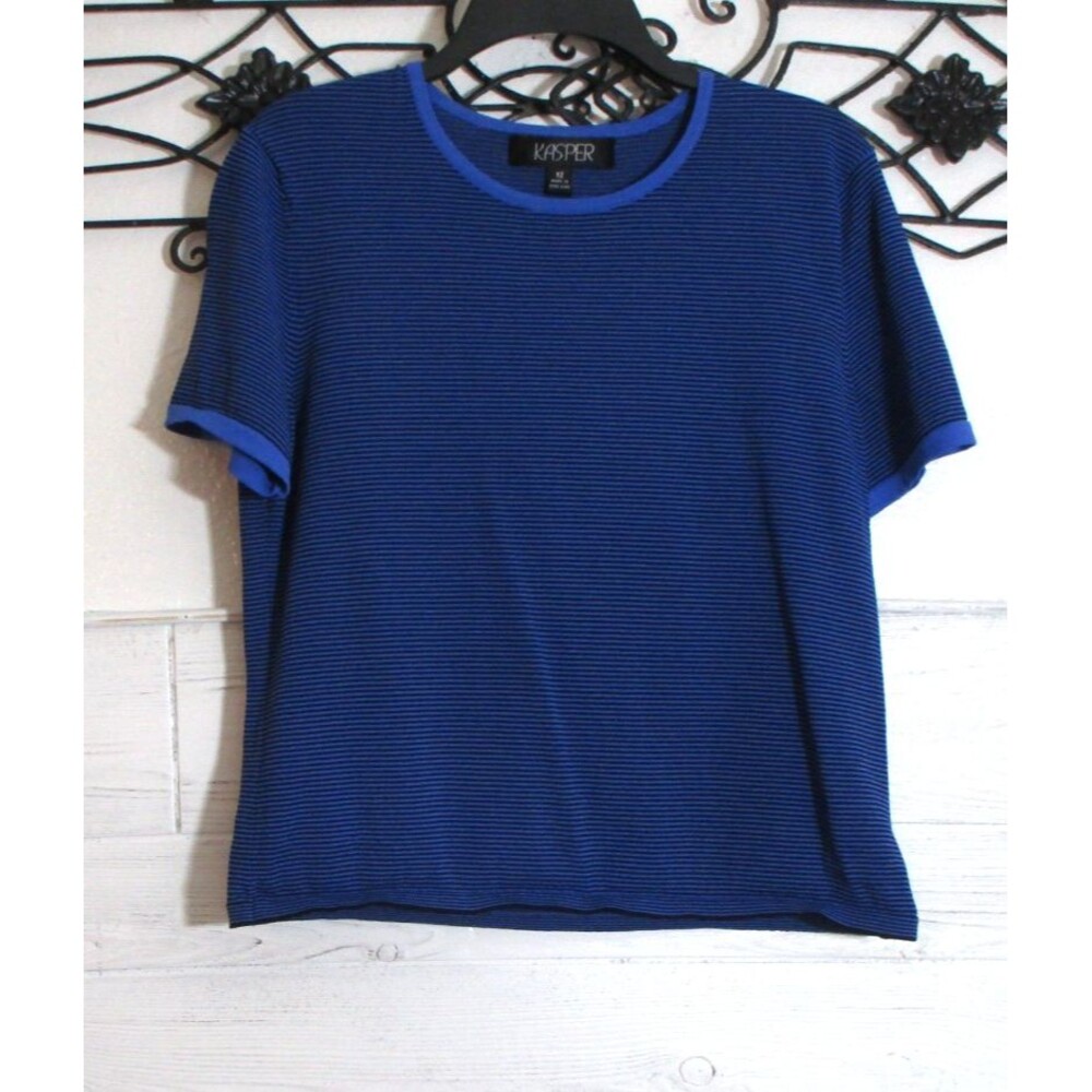 Kasper Women's Knit Top Size M/12 Short Sleeve Blue Striped Round Neck